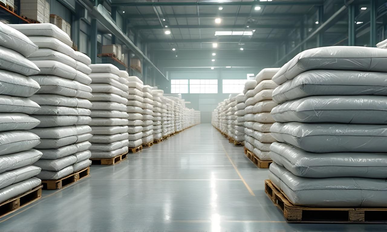 Bolsas de cemento y clinker apiladas en un depósito luminoso con pallets prolijos y control de calidad