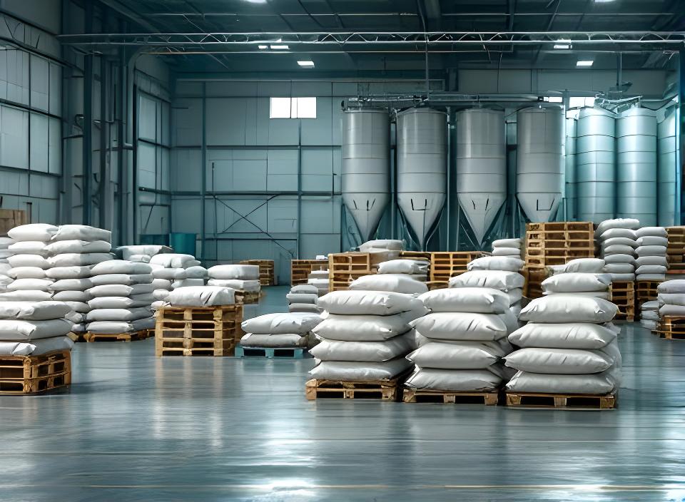 Presentaciones de cemento en bolsa, big bag y granel organizadas junto a silos y pallets en planta