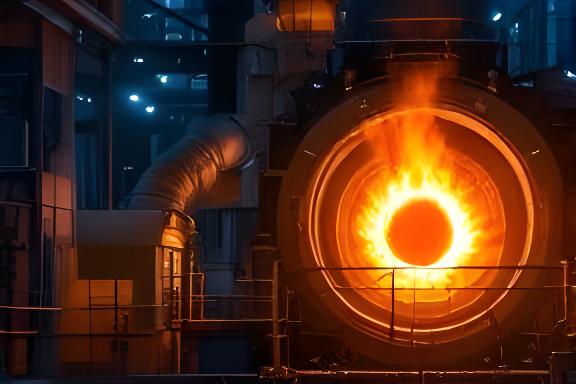 Horno rotatorio de cemento con llama intensa y estructura metálica en operación nocturna