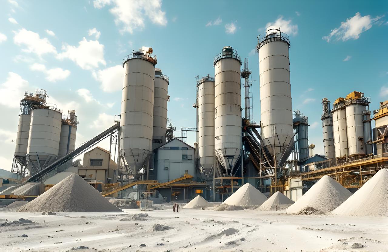 Planta de cemento con silos, cintas transportadoras y polvo mineral en una tarde luminosa en San Justo