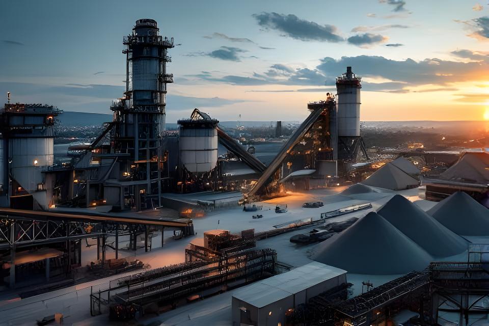 Vista panorámica de una planta cementera con hornos, cintas transportadoras y acopio de materiales al atardecer