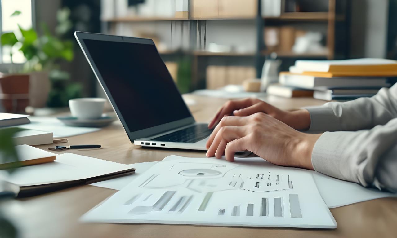 Documentos de privacidad y una computadora en una oficina luminosa con planos y carpetas ordenadas
